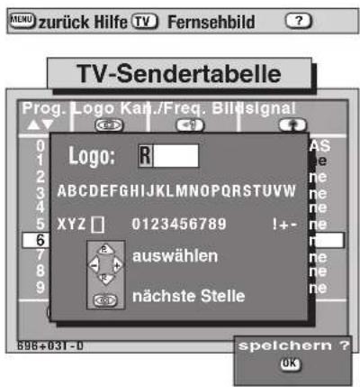 TV-Sendertabelle Prog. Logo Kan./Freq. Bildsignal Logo: R ABCDEFGHIJKLMNOPQRSTUVWXYZ 0123456789 !+- auswählen nächste Stelle Spelchern ? OK