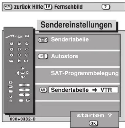 SENDereinstellungen Sendertabelle Autostore SAT-Programmbelegung Sendertabelle → VTR starten ? OK