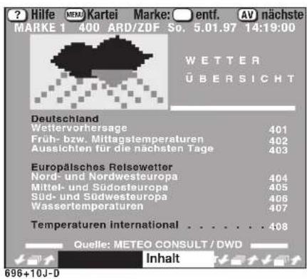 Hilfe MEM Kartei Marke: entf. AV) nächste MARKE 1 400 ARD/ZDF So. 5.01.97 14:19:00 WETTER ÜBERSICHT Deutschland Wetiervorhersage 401 Früh- bzw. Mittagstemperaturen 402 Aussichten für die nächsten Tage 403 Europälsches Relsewetter Nord- und Nordwesteuropa 404 Mittel- und Südosteuropa 405 Süd- und Süd…