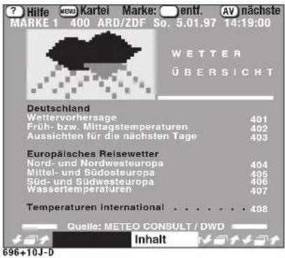 Hilfe NEW Kartei Marke: 0entf. AV nächste MARKE 1 400 ARD/ZDF So. 5.01.97 14:19:00 WETTER ÜBERSICHT Deutschland Wettervorhersage 401 Früh- bzw. Mittagstemperaturen 402 Aussichten für die nächsten Tage 403 Europäisches Relsewetter Nord- und Nordwesteuropa 404 Mittel- und Südosteuropa 405 Süd- und Süd…