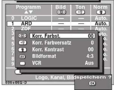 Programm ▼ Bild Ton Norm 0 LOGIC — — Auto. 1 ARD — — Auto. 2 ZDF — — Auto. 3 Korr. Farbst. 00 4 Korr. Farbversatz 0 5 Korr. Kontrast 00 6 Bildformat 4:3 7 VCR Aus 8 9 Logo, Kanal, Bildspelchern ? OK