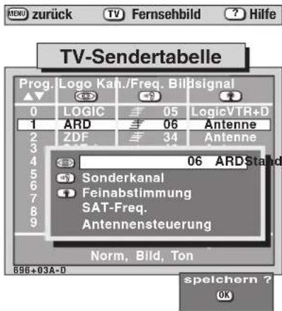 TV-Sendertabelle Prog. Logo Kan./Freq. Bildsignal 0 LOGIC 05 LogicVTR+D 1 ARD 06 Antenne 2 ZDF 34 Antenne 3 4 06 ARDStand 5 Sonderkanal 6 Feinabstimmung 7 SAT-Freq. 8 Antennensteuerung 9 Norm, Bild, Ton 696+03A-0 spelchern ? OK
