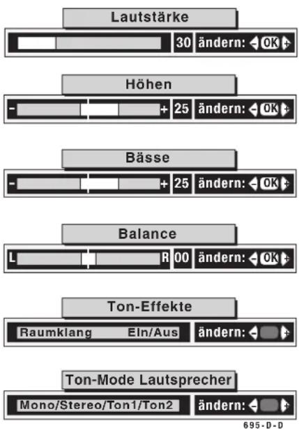 Lautstärke 30 ändern: OK Höhen + 25 ändern: OK Bässe + 25 ändern: OK Balance L R 00 ändern: OK Ton-Effekte Raumklang EIn/Aus ändern: Ton-Mode Lautsprecher Mono/Stereo/Ton1/Ton2 ändern: 695-D-D
