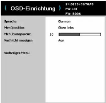 ( OSD-Einrichtung ) SN:01234567808 FW: a01 FW: 8006 Sprache Menüposition Menütransparenz Nachricht anzeigen Vorheriges Menü German Ober links 50 Aus