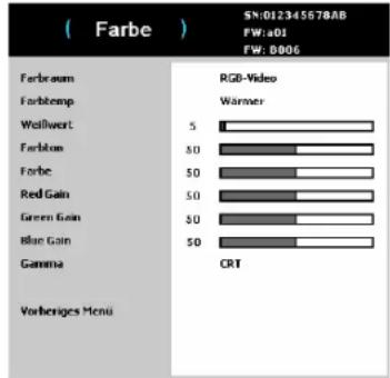 (Farbe) Farbroum Farblemp Wellwert Farblom Forbe Red Gain Green Gain Blue Gain Gamma Vorberiges Menu SN:012345678AB FW:a01 FW: D006 RGB-Video Warner 5 $0 $0 $0 $0 $0 $0 CRT