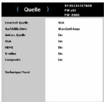 ( Quelle ) 54:012345678AB FW:a01 FW: 8906 Emschalt-Quelle VGA Sachbildschärm Standard-Logo Autom. Quelle Ein VGA Ein HDMI Ein S-video Ein Composite Ein Vorheriges Menü