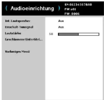 (Audioinrichtung) SN:012345678AB FW.a01 FW.B906 Int. Laufsprecher Einschalt-Tonsignal Lautstärke Geschlossene Unterbildel... Vorheriges Menü Aus Aus 50