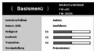 (Basismenü) Schnswohnheiten Autom. bild. Holligkeit Kontwert Trapezies. Vorwirkstellung 50 50 50 Autom. Ausfallen. Präsentation SN:612345678A8 F#:901 F#: 9000