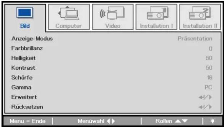 Bild Computer Video Installation I Installation II Anzeige-Modus Präsentation Farbbrillanz 0 Helligkeit 50 Kontrast 50 Schärfe 16 Gamma PC Erweitert +/+ Rücksetzen +/+ Menu = Ende Menüwahl Rollen