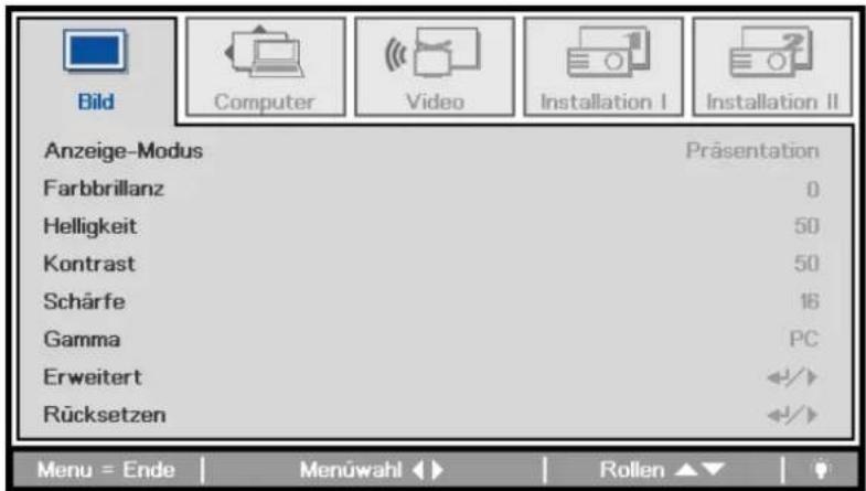 Bild Computer Video Installation I Installation II Anzeige-Modus Präsentation Farbbrillanz 0 Helligkeit 50 Kontrast 50 Schärfe 16 Gamma PC Erweitert Menu = Ende Menüwahl Rollen