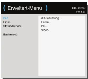 ( Erweitert-Menü ) Bild Einsil. Status/Service Basismenü 3D-Stevierung ... Farbe... PC... Video...