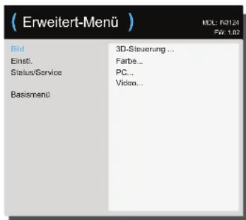 (Erweitert-Menü) Bild Einstl. Status/Service Basienü 3D-Steuerung ... Farbe... PC... Video...