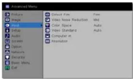 Advanced Menu Picture Image Find Setup Audio Screen Option Wirecore Security Basic Menu Ctrl Select Film Video Noise Reduction Mid Color Space Auto Video Standard Auto Computer in Resolution