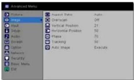 Advanced Menu Picture Image Input Setup Action Screen Option Networks Security Basic Mode List Aspect Status Auto Overcoat Off Vertical Position 21 Horizontal Position 50 Phase 70 Tracking 50 Auto Image Execute