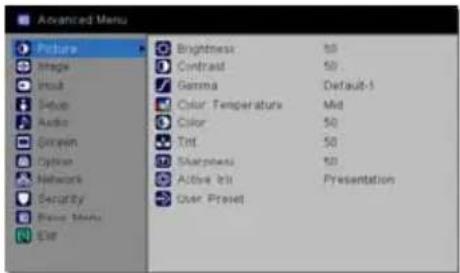 Advanced Menu Picture Angle Intact Help Audio Coping Option Network Security Show Menu Ctrl Brightness 50 Contrast 50 Gamma Default-1 Color Temperatures Mid Color 50 Tint 50 Sharpness 50 Active Init Presentation User Preset