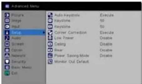 Advanced Menu Picture Image Input Setup Audio Screen Option Inspector Security Basic Menu Exit Auto Keystone Execute Keystone 50 Keystone 50 Corner Correction Execute Low Power Disable Ceiling Disable Rear Disable Power Saving Mode Disable Monitor Out Default