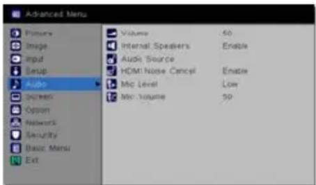 Advanced Menu Picture Image Input Lesup Audio Volume 60 Internal Speakers Enable Audio Source HDMI Noise Cancel Enable Mic Level Low Mic Volume 50 Option Network Security Basic Menu Ext
