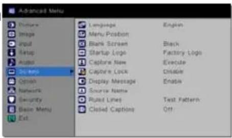Advanced Menu Picture Image Input Setup Audio Screen Refresh Networks Security Basic Menu Ext. Language English Menu Position Blank Screen Black Startup Logo Factory Logo Capture New Execute Capture Lock Disable Display Message Enable Source Name Rused Lines Text Pattern Closed Captions Off