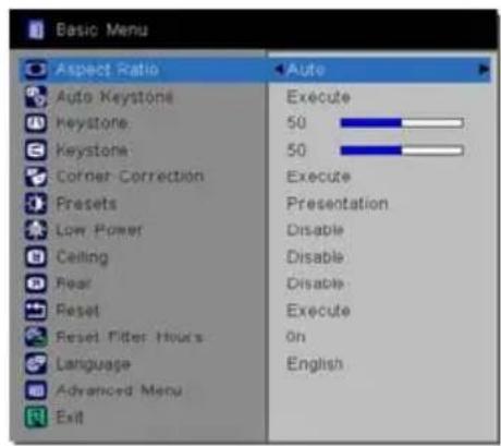 Basic Menu Aspect Ratio Auto Keystone Keystone Keystone Corner Correction Presets Low Power Ceiling Pear Reset Reset Filter Hours Language Advanced Menu Exit Auto Execute 50 50 Execute Presentation Disable Disable Disable Execute On English