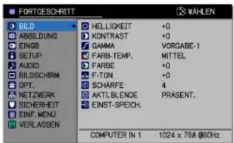 FORTGESCHRITT BAHLEN BILD ABBILDUNG EINGB SETUP AUDIO BILDSCHIRM OPT. NETZVERK SICHERHEIT EINF. MENU VERLASSEN HELLIGKEIT +0 KONTRAST +0 GAMMA VORGABE-1 FARB-TEMP.MITTEL FARBE +0 F-TON +0 SCHÄRFE 4 AKTL BLENDE PRASENT. EINST-SPEICH. COMPUTER IN 1 1024 x 758 @50Hz