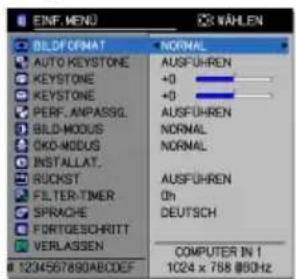 ENF. MEND WÄLEN BILDFORMAT AUTO KEYSTONE KEYSTONE PERF. ANPASSG. BILD-MODUS OKO-MODUS INSTALLAT. RICHST FILTER-TIMER SPRACHE FORTGESCHRITT VERLASSEN 1234567890ABDCF NORMAL AUSFUHREN +0 +0 AUSFUHREN NORMAL AUSFUHREN Oh DEUTSCH COMPUTER IN 1 1024 x 788 @50Hz