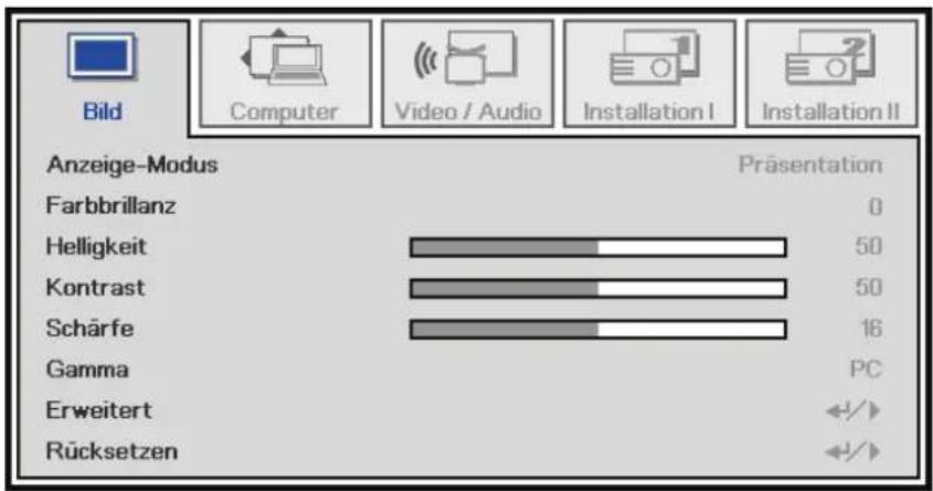 Bild Computer Video / Audio Installation I Installation II Anzeige-Modus Präsentation Farbbrillanz 0 Helligkeit 50 Kontrast 50 Scharfe 16 Gamma PC Erweitert Rücksetzen