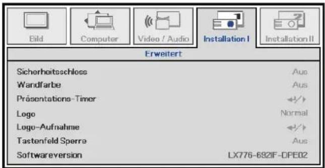 Eild Computer Video / Audio Installation I Installation II Erweitert Sicherheitschloss Aus Wandfarbe Aus Präsentations-Timer +/+ Logo Normal Logo-Aufnahme +/+ Tastenfeld Sperre Aus Softwareversion LX776-692IF-DPE02