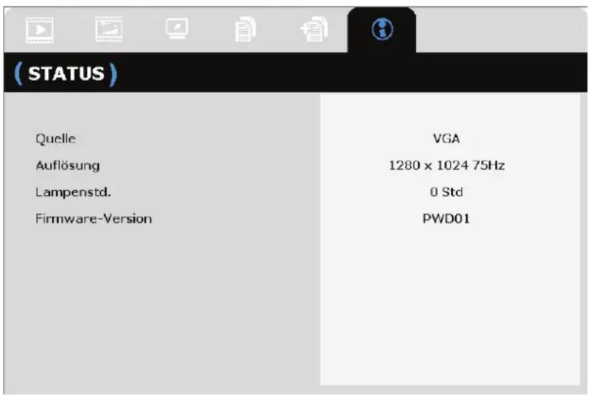 (STATUS) Quelle VGA Auflösung 1280 x 1024 75Hz Lampenstd. 0 Std Firmware-Version PWD01