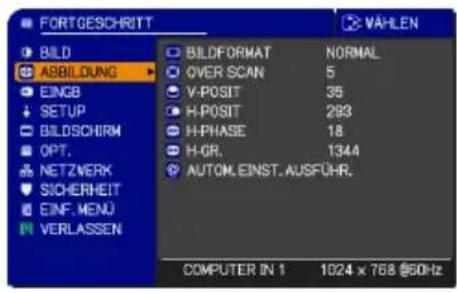 FORTGESCHRITT BILD ABBILDUNG EINGB SETUP BILDSCHIRM OPT. NETZVERK SICHERHEIT EINF. MENU VERLASSEN BILDFORMAT NORMAL OVER SCAN 5 V-POSIT 35 H-POSIT 293 H-PHASE 18 H-GR. 1344 AUTOM.EINST.AUSFÜHR. COMPUTER IN 1 1024 x 768 @60Hz