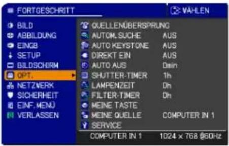 FORTGESCHRITT BILD ABBILDUNG EINGB SETUP BILDSCHIRM OPT. NETZWERK SICHERHEIT EINF. MENU VERLASSEN QUELLENÜBERSPRUNG AUTOM. SUCHE AUTO KEYSTONE DIREKT EIN AUTO AUS SHUTTER-TIMER LAMPENZEIT FILTER-TIMER MEINE TASTE MEINE QUELLE SERVICE COMPUTER IN 1 1024 x 768 @60Hz
