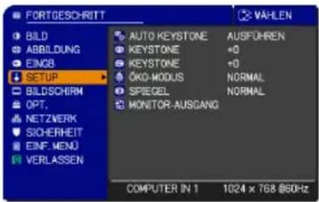 FORTGESCHRITT BILD ABBILDUNG EINGB SETUP BILDSCHIRM OPT. NETZWERK SICHERHEIT EINF. MENU VERLASSEN AUTO KEYSTONE AUSFOHREN KEYSTONE +0 KEYSTONE +0 ÖKO-MODUS NORMAL SPIEGEL NORMAL MONITOR-AUSGANG COMPUTER IN 1 1024 x 768 @60Hz