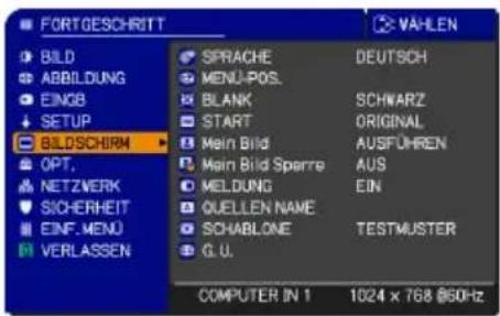 FORTGESCHRITT BILD ABBILDUNG EINGB SETUP BILDSCHIRM OPT. NETZWERK SICHERHEIT EINF. MENU VERLASSEN SPRACHE MENU-POS. BLANK START Main Bild Main Bild Sparre MELDUNG QUELLEN NAME SCHABLONE G.U. DEUTSCH SCHWARZ ORIGINAL AUSFÜHREN AUS EIN TESTMUSTER COMPUTER IN 1 1024 x 768 @60Hz
