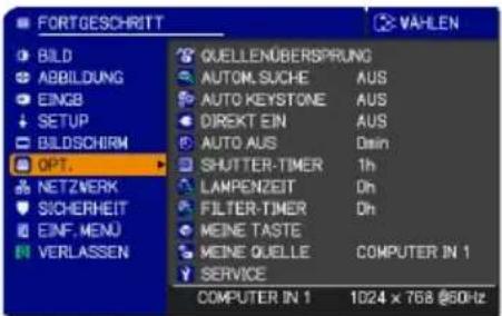 FORTGESCHRITT BILD ABBILDUNG EINGB SETUP BILDSCHIRM OPT. NETZWERK SICHERHEIT EINF. MENU VERLASSEN QUELLENÜBERSPRUNG AUTOM. SUCHE AUTO KEYSTONE DIREKT EIN AUTO AUS SHUTTER-TIMER LAMPENZEIT FILTER-TIMER MEINE TASTE MEINE QUELLE SERVICE COMPUTER IN 1 1024 x 768 @60Hz