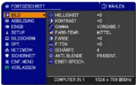FORTGESCHRITT BILD ABBILDUNG EINGB SETUP BILDSCHIRM OPT. NETZWERK SICHERHEIT EINF. MENU VERLASSEN HELLIGKEIT +0 KONTRAST +0 GAMMA VORGABE-1 FARB-TEMP.MITTEL FARBE +0 F-TON +0 SCHARFE 4 AKTL.BLENDE(PRäsent.) EINST-SPEICH. COMPUTER IN 1 1024 x 768 @50Hz