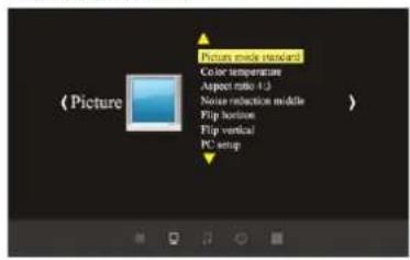 (Picture Picture mode standard) Color temperature Airport ratio 4.2 Noise reduction middle Flip horizontal Flip vertical PC setup