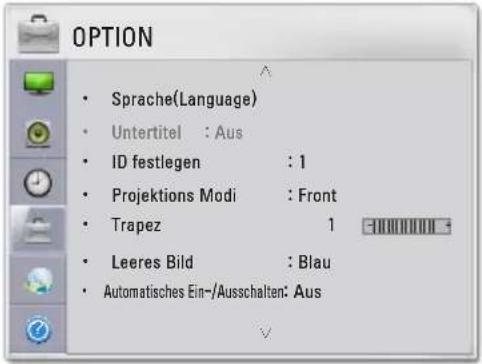 OPTION • Sprache(Language) • Untertitel : Aus • ID festlegen : 1 • Projektions Modi : Front • Trapez 1 • Leeres Bild : Blau • Automatisches Ein-/Ausschalten: Aus