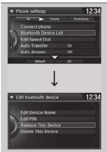 Phone settings 12:34 Connect phone Bluetooth Device List Edit Speed Dial Auto Transfer On Auto Answer Off Default OK Edit bluetooth device 12:34 Edit Device Name Edit PIN Replace This Device Delete This Device