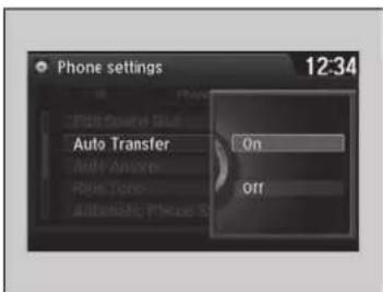 Phone settings 12:34 Auto Transfer On Off