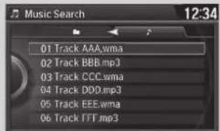 Music Search 12:34 01 Track AAA.wma 02 Track BBB.mp3 03 Track CCC.wma 04 Track DDD.mp3 05 Track EEE.wma 06 Track FTT.mp3