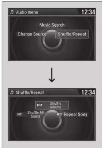 Audio menu 12:34 Music Search Charge Source Shuffle/Repeat Shuffle/Repeat 12:34 Shuffle All Songs Repeal Song