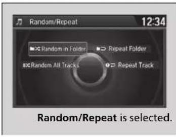 Random/Repeat 12:34 Random in Folder Repeat Folder 80c Random All Tracks Repeat Track Random/Repeat is selected.