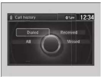 Call history 0 T am 12:34 Dialed Received All Missed