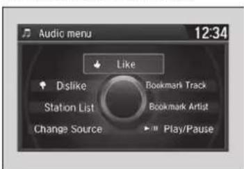 Audio menu 12:34 Like D}slike Bookmark Track Station List Bookmark Artist Change Source Play/Pause