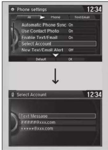 Phone settings 12:34 Automatic Phone Sync On Use Contact Photo On Enable Text/Email On Select Account New Text/Email Alert Off Default OK Select Account 12:34 Text Message 获取有关@xxx.com *****@xxx.com