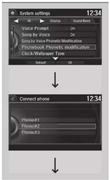 System settings 12:34 Voice Prompt On Song by Voice Dn Song by Voice Phonetic Modification Phonebook Phonetic modification Clock/Wallpaper Type Default OK Connect phone 12:34 Phone#1 Phone#2 Phone#3