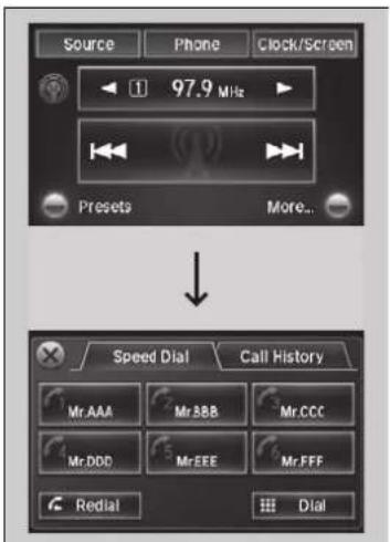 Source Phone Clock/Screen 97.9 MHz Presets More... Speed Dial Call History Mr.AAA Mr.BBB Mr.CCC Mr.DDD Mr.EEE Mr.FFF Redial Dial