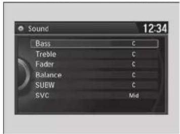 Sound 12:34 Bass C Treble C Fader C Balance C SUEW C SVC Mid