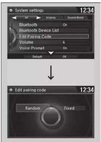 System settings 12:34 Bluetooth On Bluetooth Device List Edit Pairing Code Volume 6 Voice Prompt On Default OK Edit pairing code 12:34 Random Fixed