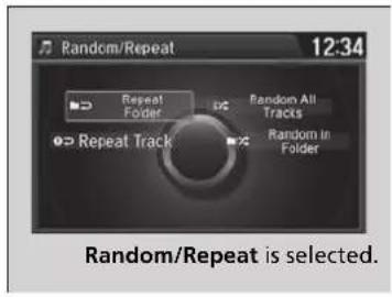 Random/Repeat 12:34 Repeat Folder Random All Tracks Repeat Track Random in Folder Random/Repeat is selected.