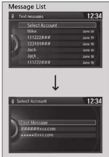 Message List Text messages 12:34 Select Account Mike June 20 111222### June 19 332444### June 18 Jack June 18 Jack June 18 111222### June 18 Select Account 12:34 Text Message #####@xxx.com *****@xxx.com